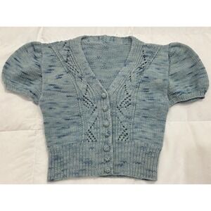 VTG Handknit Short Sleeve Cardigan V Neck Cable Knitted Buttons Blue‎ Women's SM